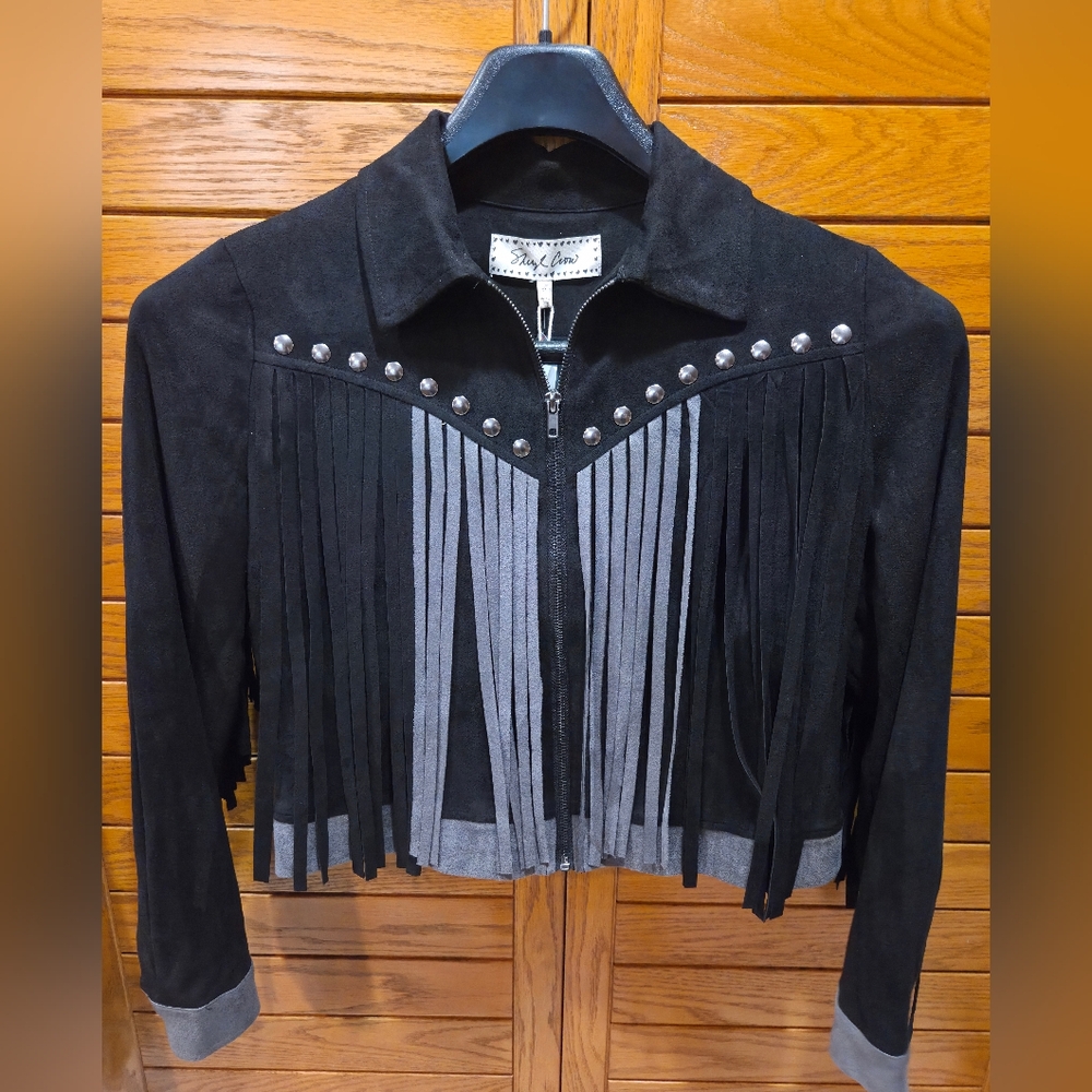 Chic Sheryl Crow Black and Gray Fringe Bomber Jacket NwTs